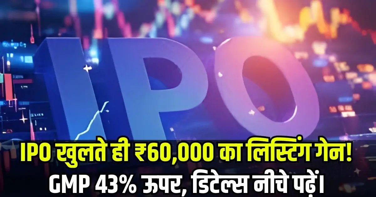 IPO खुलते ही ₹60,000 का लिस्टिंग गेन! GMP 43% ऊपर, डिटेल्स नीचे पढ़ें।